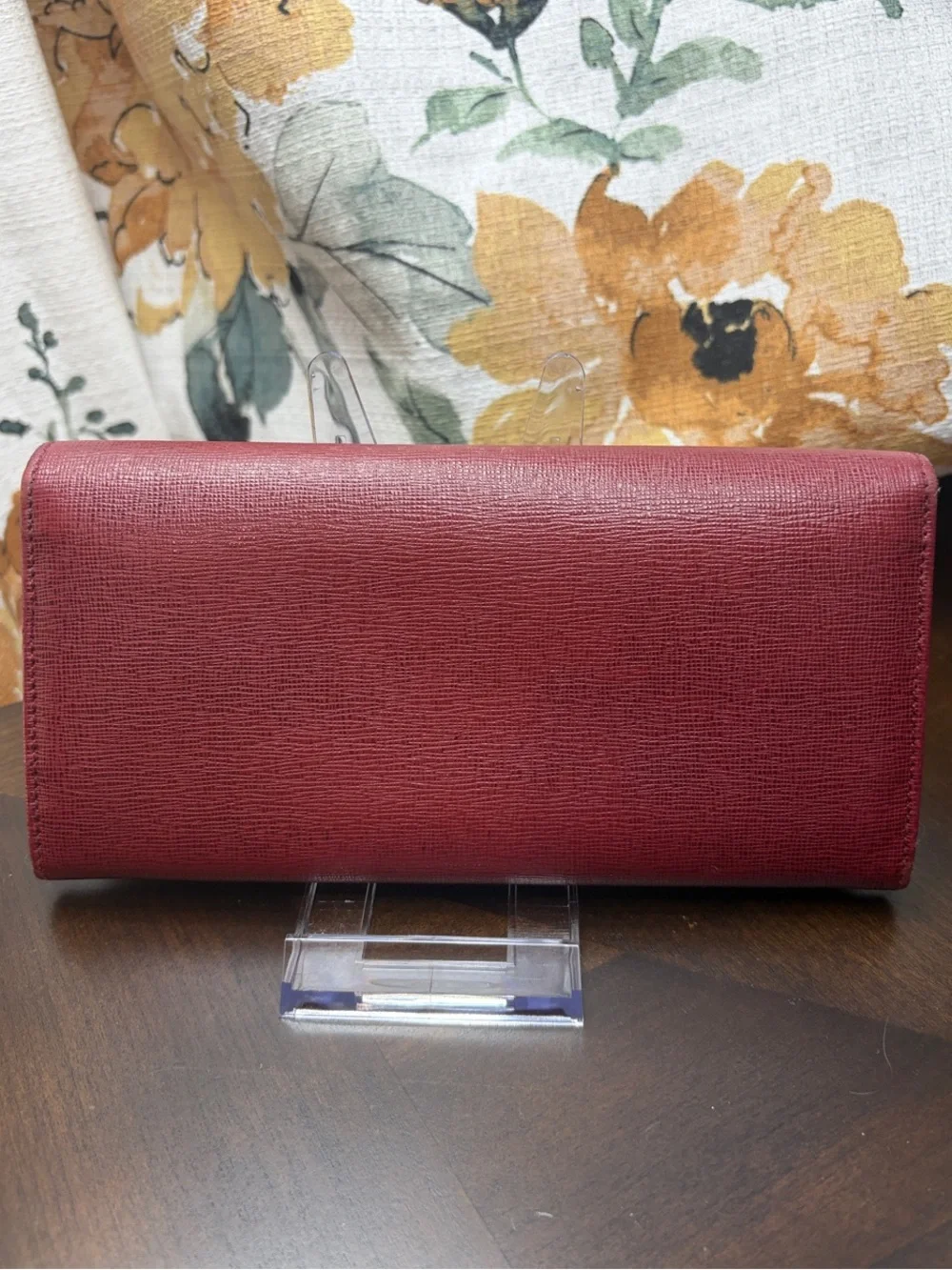 Fendi Burgundy Textured Leather Continental Wallet with Gold Plate with COA
